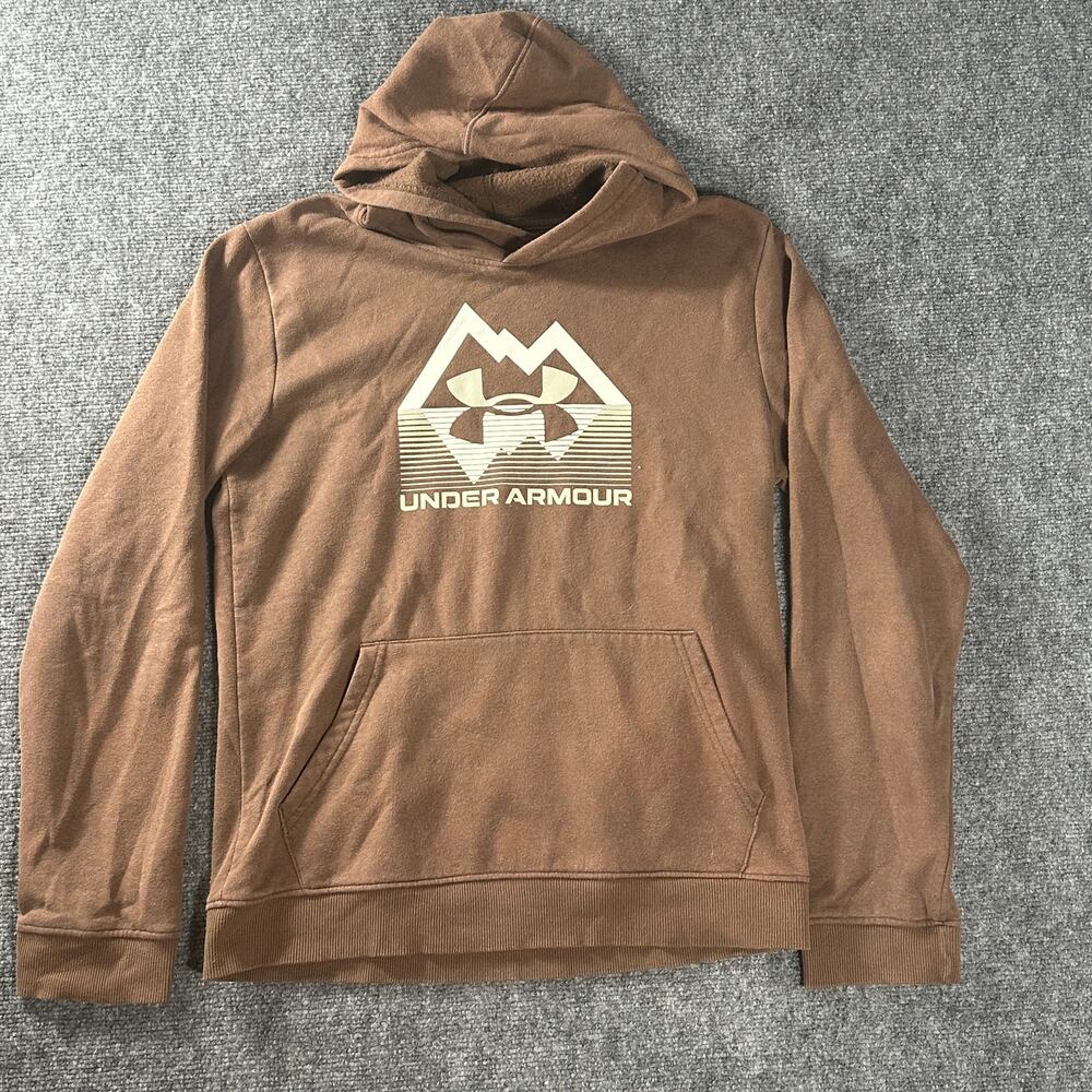 Under Armour Hoodie Youth XL Gray Brown Mountain Logo Pullover Fleece Sweatshirt